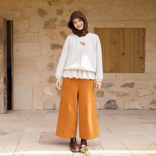 特绽放763朵/活力橙彩色卫裤·加绒加厚宽松阔腿拼接分割休闲裤冬 商品图1