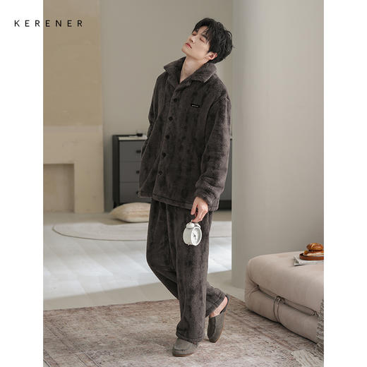可人儿冬季男士保暖舒棉绒睡衣秋冬休闲翻领男款加厚珊瑚绒家居服 商品图3