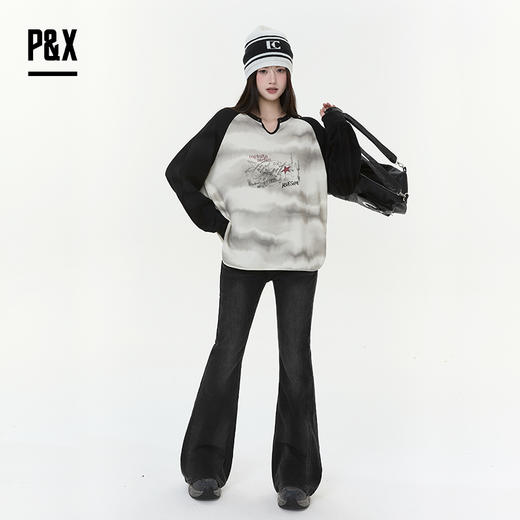 P&X设计师女装2025冬季长袖复古插肩袖宽松T恤825402093 杏色 商品图2