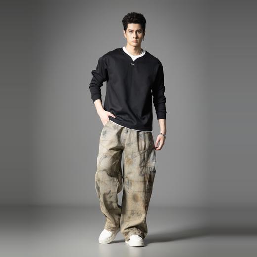 PINLI品立2025秋季新款涂鸦印花嘻哈街头宽松直筒休闲牛仔长裤男GD253116145 商品图4