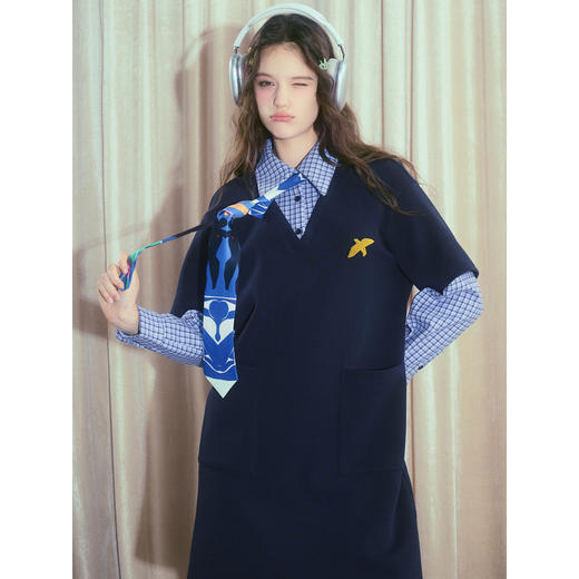 两三事浮光叙梦2025冬季新款印花领带毛巾绣格子拼接假两件连衣裙 商品图2