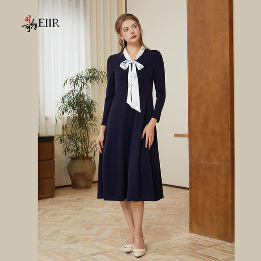 司歌弹力连衣裙秋冬蝴蝶结收腰中长裙A921109Y 商品图0