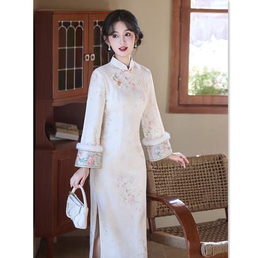 提花加绒长款旗袍，复古中国风年轻少女款日常可穿旗袍LJX-869 商品图3