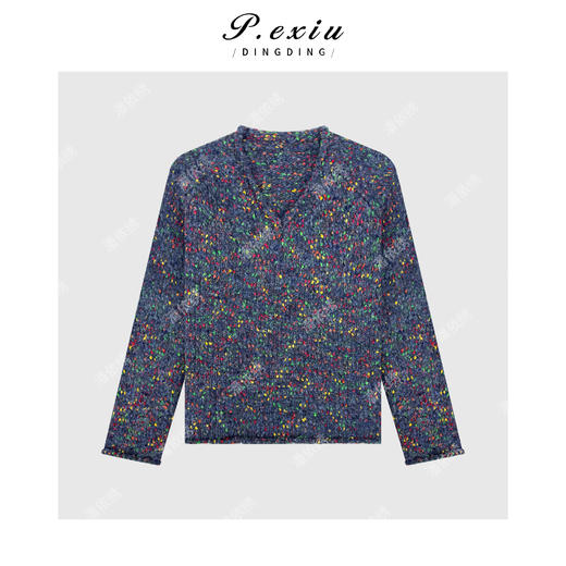 04-4潘依绣丁丁宠粉羊毛慵懒风卷边设计彩点花纱V领针织毛衣 L2720 商品图1