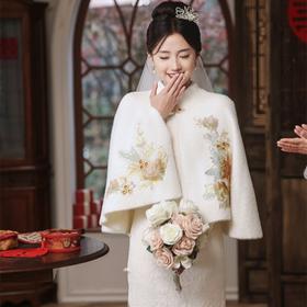 刺绣披肩新娘装，复合蕾丝长款旗袍两件套国风旗袍LJX-875