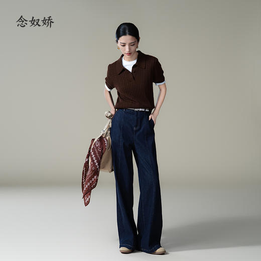 【商场同款】CNK5879 “MIU系学院风POLO半袖针织” 老钱风深咖色绞花毛衫 商品图1