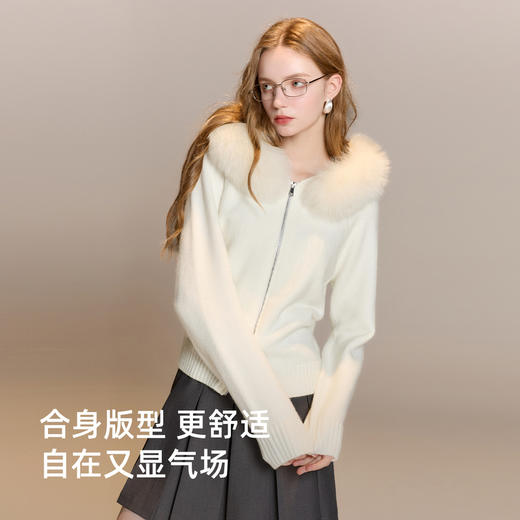 【狐狸毛领】三彩2025冬季新款连帽长袖针织衫拉链开衫毛衫M 商品图2