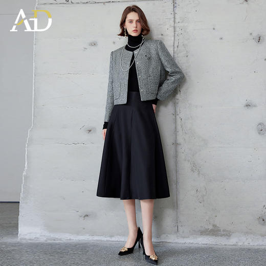 AD时尚套装女2024秋冬圆领小香风外套亮丝编织粗花呢长袖高端伞裙 商品图0