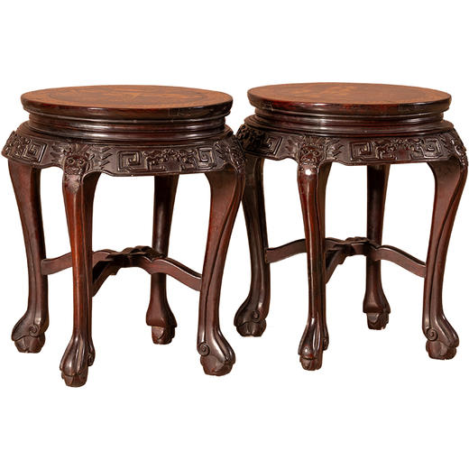 清	红木嵌黄杨木八骏图束腰三弯腿四足圆凳（一对） 商品图5