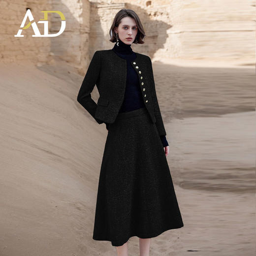 AD端庄大气西装套裙2024秋冬高级感小香风两件套黑色粗花呢短外套 商品图1