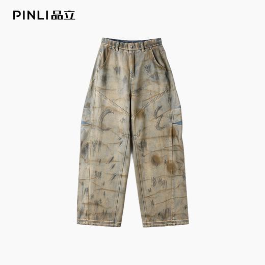 PINLI品立2025秋季新款涂鸦印花嘻哈街头宽松直筒休闲牛仔长裤男GD253116145 商品图3