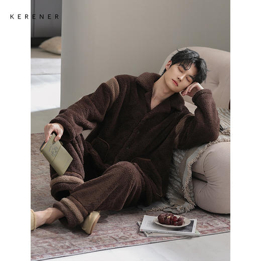 可人儿冬季男士保暖舒棉绒睡衣秋冬休闲翻领男款加厚珊瑚绒家居服 商品图3