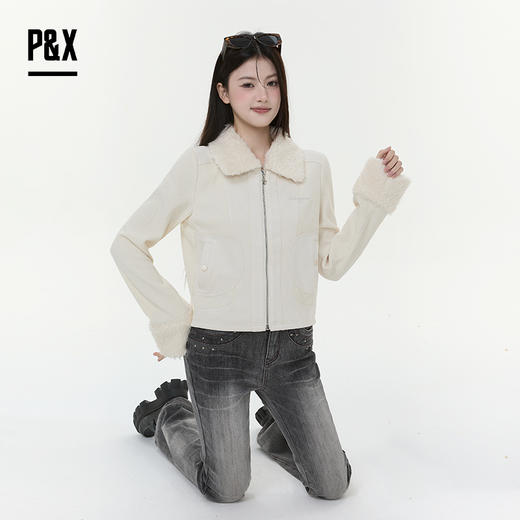 P&X设计师女装2025冬季时尚拉链长袖梭织短款外套825413243 杏色 商品图2