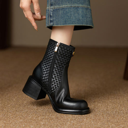 【预售5天】6cm圆头粗跟短靴女新款百搭高跟鞋编织时装切尔西靴MLD&AC1795 商品图3