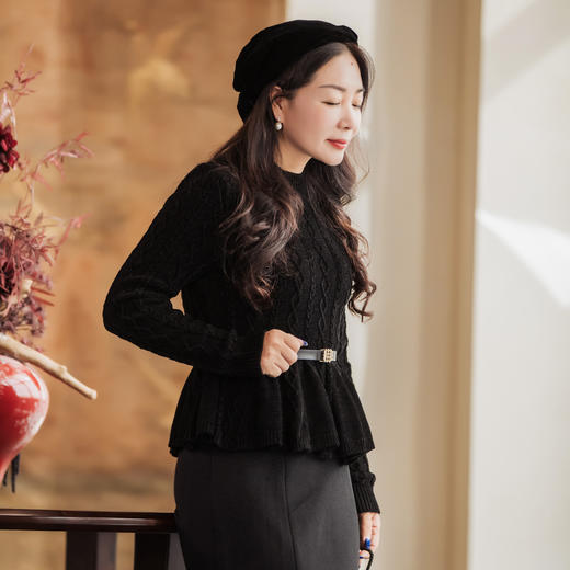 【林栖设计小店】收腰毛织上衣麻花荷叶摆2025秋冬新款毛衣女1954051 商品图1