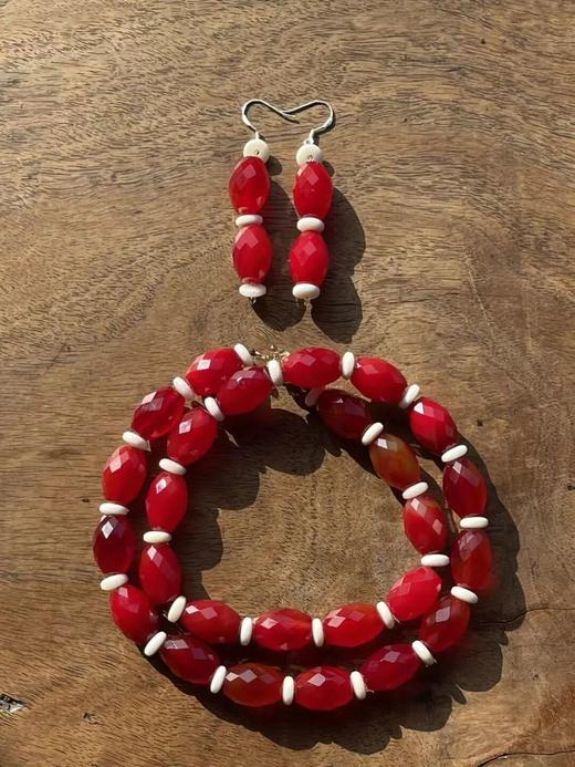 鲜红玛瑙菱格面橄榄珠项链与耳坠套组，顺丰包邮 商品图6