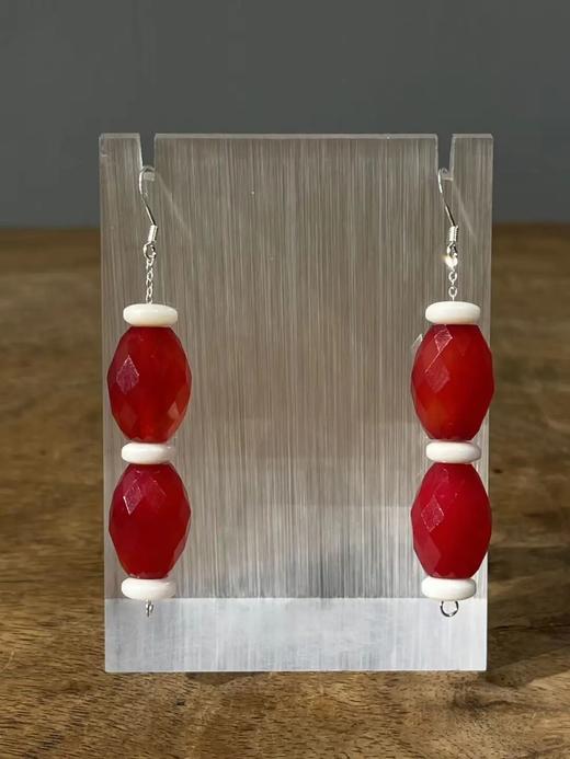 鲜红玛瑙菱格面橄榄珠项链与耳坠套组，顺丰包邮 商品图2