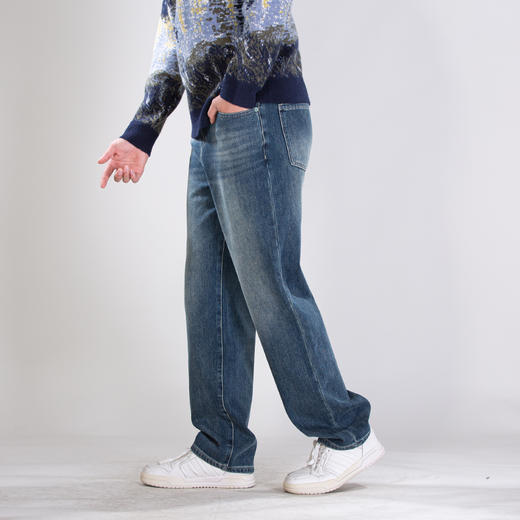 DRONKOO 2025 正常腰绿色钉扣四面弹一体长绒厚牛仔长裤 商品图2