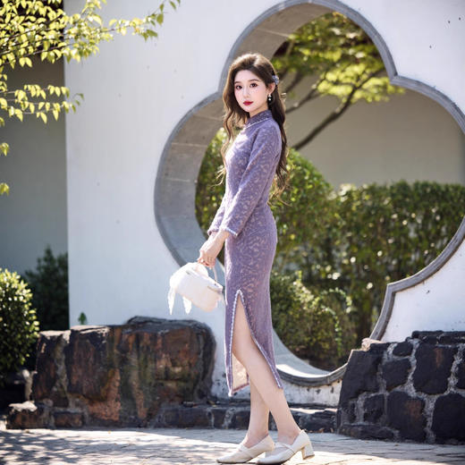 FR绝美新中式旗袍2025新款高端国风秋冬旗袍气质优雅老上海紫色旗袍 商品图1