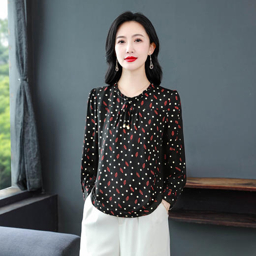 KQLE333N3313 网纱打底衫女秋冬2025年新款中年妈妈洋气t恤女保暖圆领花色长袖 商品图2