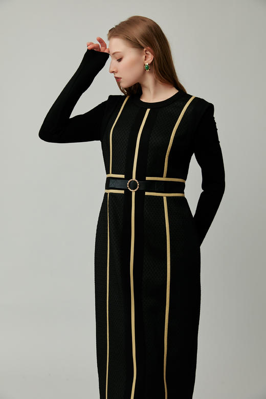 SAFICOO 优雅知性 收腰显瘦 黑黄撞色连衣裙 商品图1