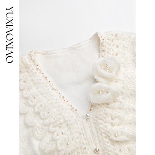 余潇潇【梦幻山茶】含羊毛混纺拼接钩花花边V领修身舒适毛衣外套 商品图2