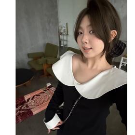 25AW上新 软软同款【黑白冷萃】法式复古拼接荷叶领撞色上衣T恤