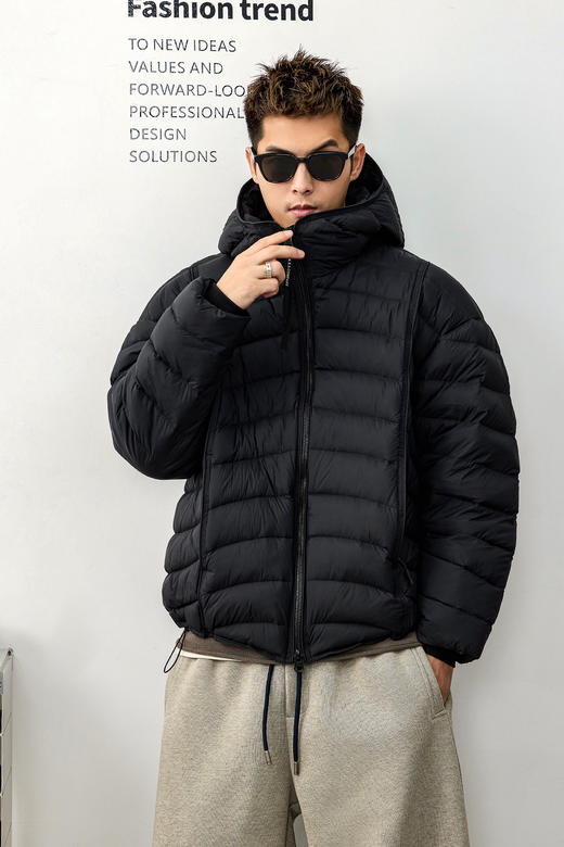 徐太浪【辑行收腰 双拉链】黑色连帽羽绒服男冬季防寒面包服外套 商品图4