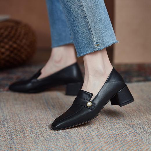 YLY&K19法式休闲方头深口小皮鞋女春夏季新款真皮踩跟通勤粗跟中高跟单鞋 商品图2