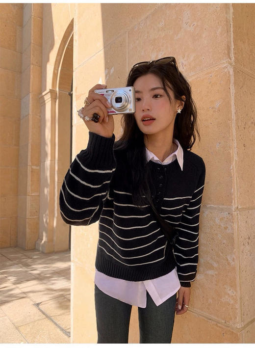 条纹纽扣毛衣 商品图3