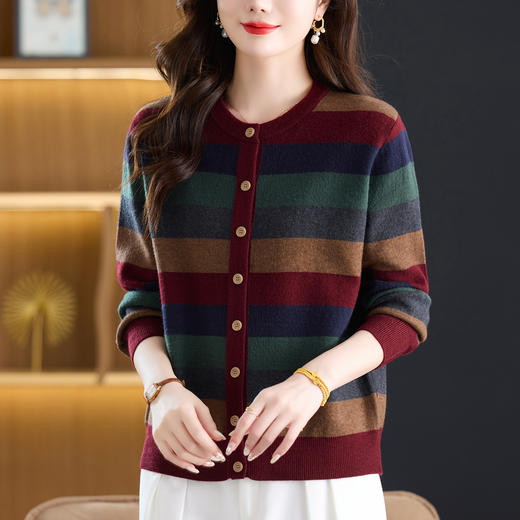 CC5-6587大码女装秋装撞色条纹针织开衫2025新款时尚宽松毛衣外套显瘦减龄 商品图3