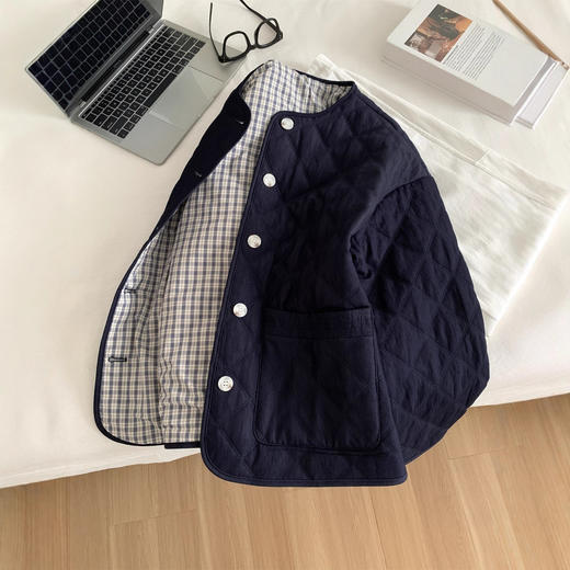 复古牛仔蓝！2025秋冬圆领棉服外套女加厚保暖双压线菱格棉衣开衫！ 商品图0