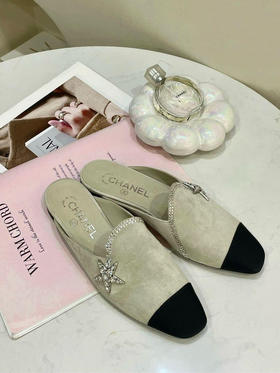 Chanel 拼色 麂皮 星星钻扣 半拖鞋