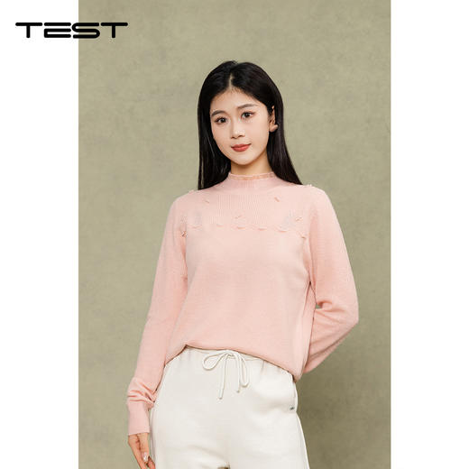 冬上新蕾丝拼接半高领珍珠温柔风粉色打底衫1254115 商品图0