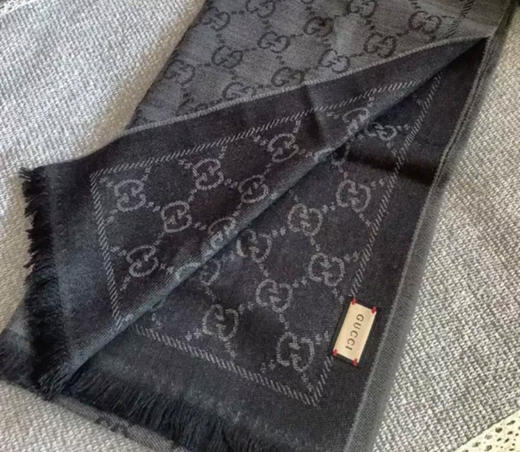 WJ32-古驰 双G系列 双G提花流苏 羊毛 绒线围巾 深灰色（KISS*MM） 商品图2