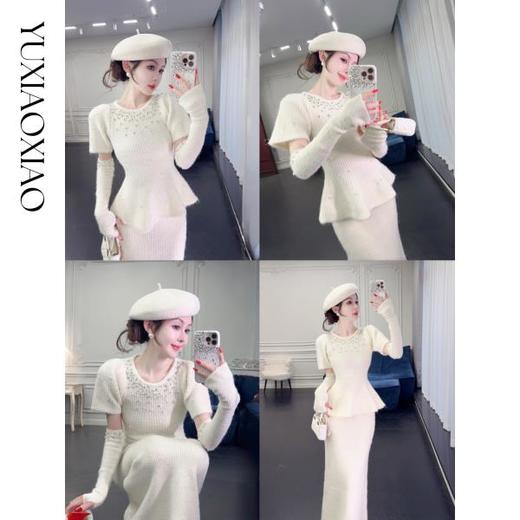 余潇潇【奥黛丽明珠】时尚柔软亲肤手工钉珠泡泡袖伞摆毛衣&长半裙 商品图0