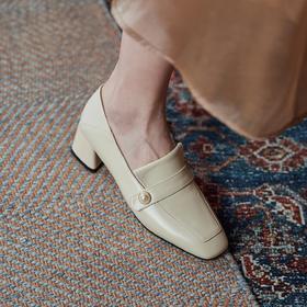 YLY&K19法式休闲方头深口小皮鞋女春夏季新款真皮踩跟通勤粗跟中高跟单鞋