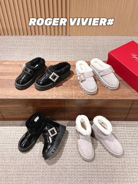 罗杰维维亚 钻扣毛毛拖/短靴（DBG）