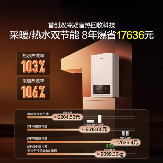 【新款双冷凝】海尔（Haier）双冷凝超一级能效平衡式燃气壁挂炉无级变频水伺服天然气静音采暖炉热水器LL1PBD26-JN7EcoNXPMU1 26KW 121-180平 商品图1