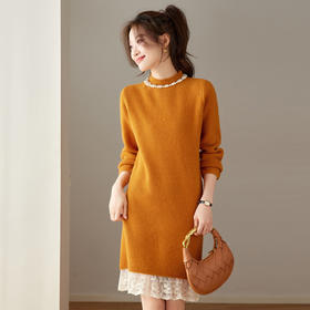 QL-8938蕾丝拼接针织打底连衣裙女秋冬中长款钉珠加厚配大衣内搭毛衣裙子