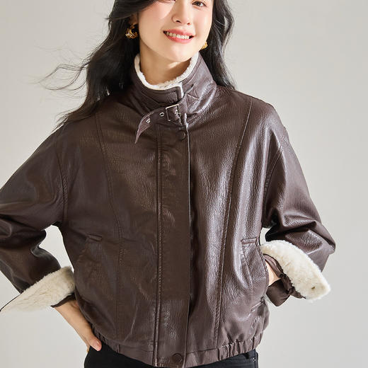 「高货wl」全新升级【铂金会员367/天猫499/差价132】(03003)洛诗琳复古美拉德加绒立领皮衣2025秋冬美式羊羔毛短外套 商品图0