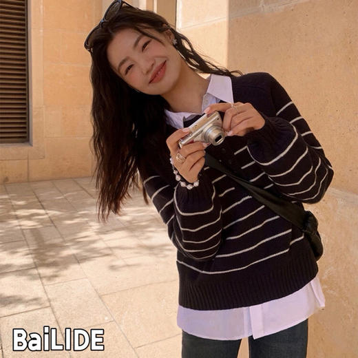 条纹纽扣毛衣 商品图1