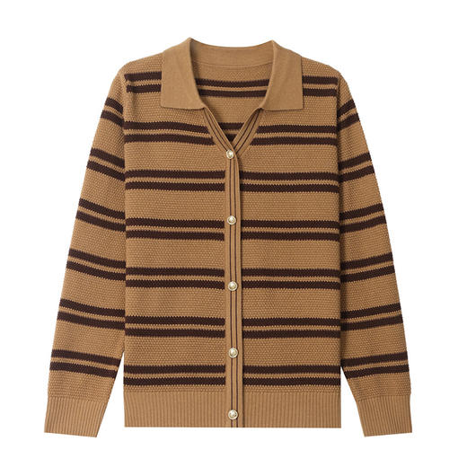 CC103-6398 早秋撞色条纹翻领针织衫女 优雅气质通勤风显瘦短款长袖套头上衣 商品图4