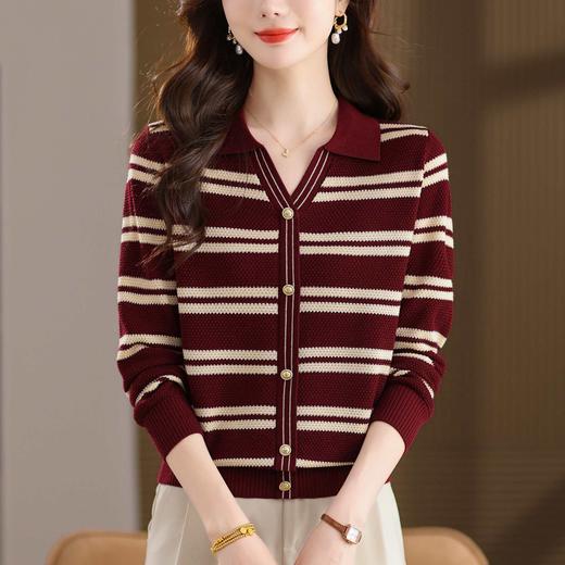 CC103-6398 早秋撞色条纹翻领针织衫女 优雅气质通勤风显瘦短款长袖套头上衣 商品图2