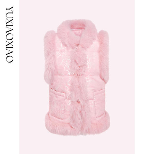 余潇潇【粉黛初冬】90鹅绒雪尼尔提花狐狸毛拼接国风马甲羽绒服 商品图0