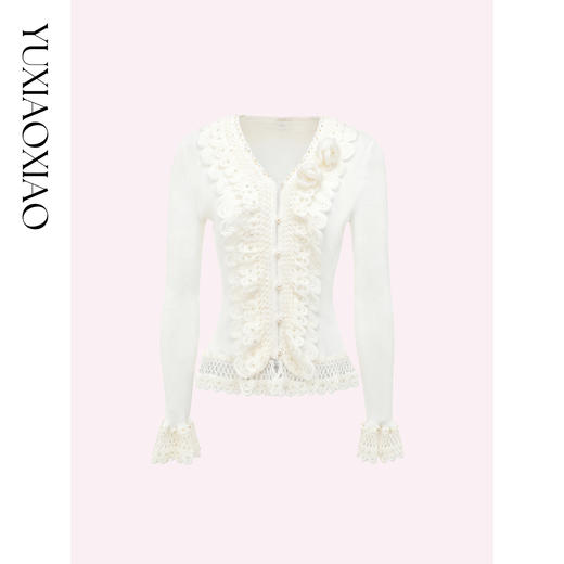 余潇潇【梦幻山茶】含羊毛混纺拼接钩花花边V领修身舒适毛衣外套 商品图3