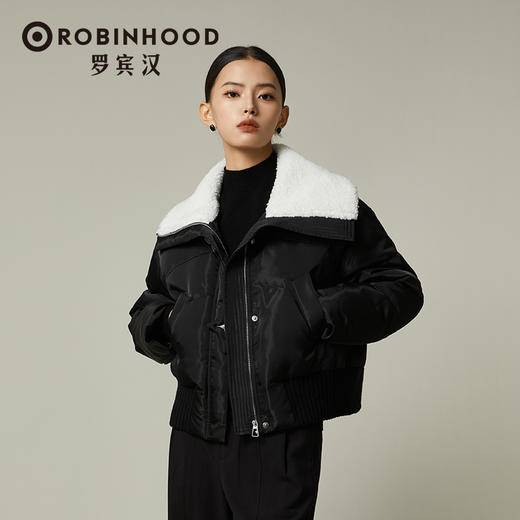 【设计师专柜】罗宾汉翻领羊羔毛领拼接羽绒服女时尚短款秋冬-R238Y5995 商品图0