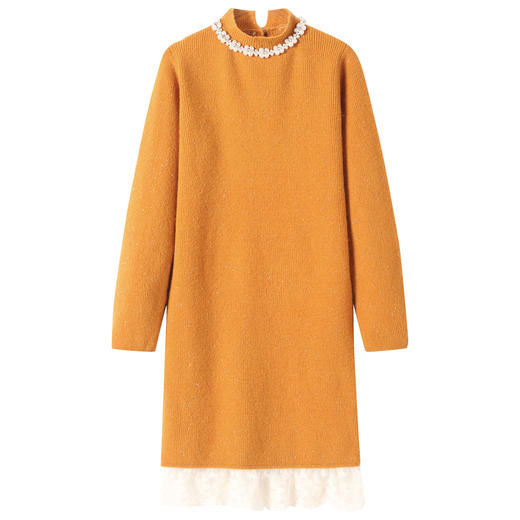 QL-8938蕾丝拼接针织打底连衣裙女秋冬中长款钉珠加厚配大衣内搭毛衣裙子 商品图4