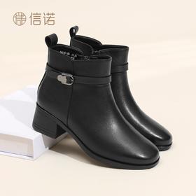 信诺妈妈棉鞋真皮时尚粗跟短靴女2025冬季新款中老年加绒保暖皮鞋5M519-15D