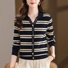 CC103-6398 早秋撞色条纹翻领针织衫女 优雅气质通勤风显瘦短款长袖套头上衣 商品缩略图3